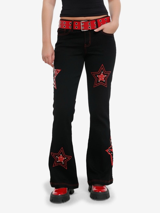 Hot topic Denim - Social Collision Red Star Studded Black Flares With Grommet Belt Size 9 NEW